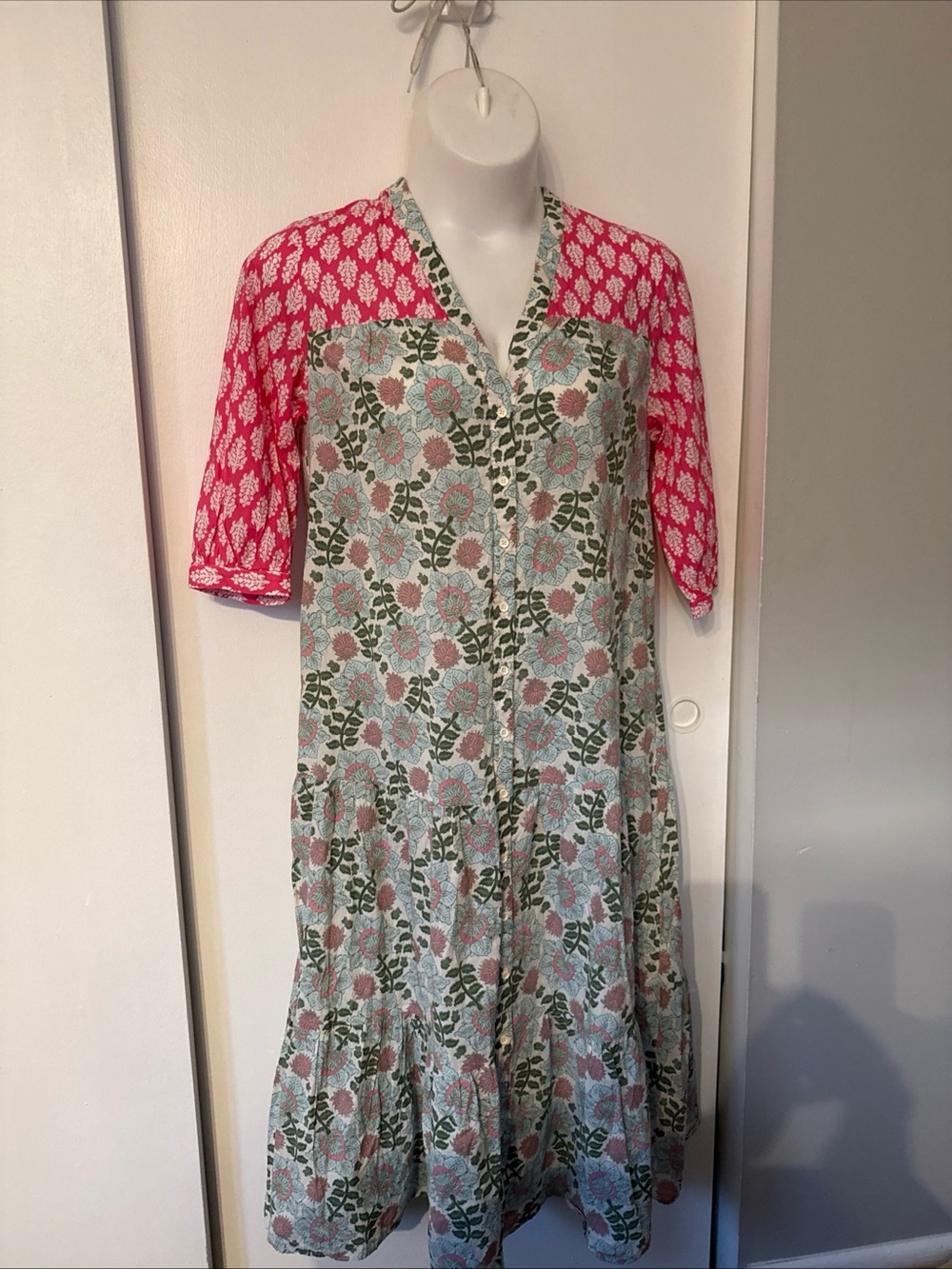 Zara Pink and Green Floral Print Oversized 3/4 Sleeves Dress